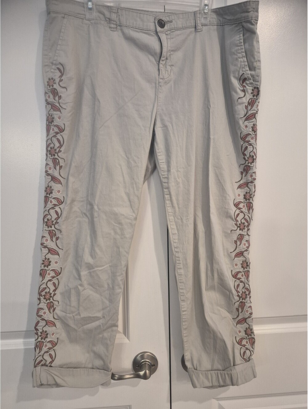 women cropped cuff capri style pants  beige with peach n brown florals